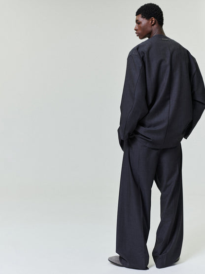 Grey Striped Wool Collarless Sport Jacket